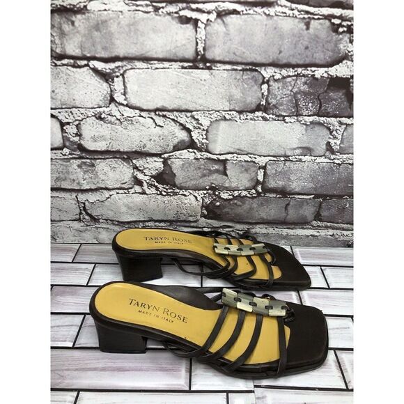 Taryn Rose Brown Leather Stone Slides Strap Heel Sandals Women Sz 38EU/7.5M US - Picture 7 of 16